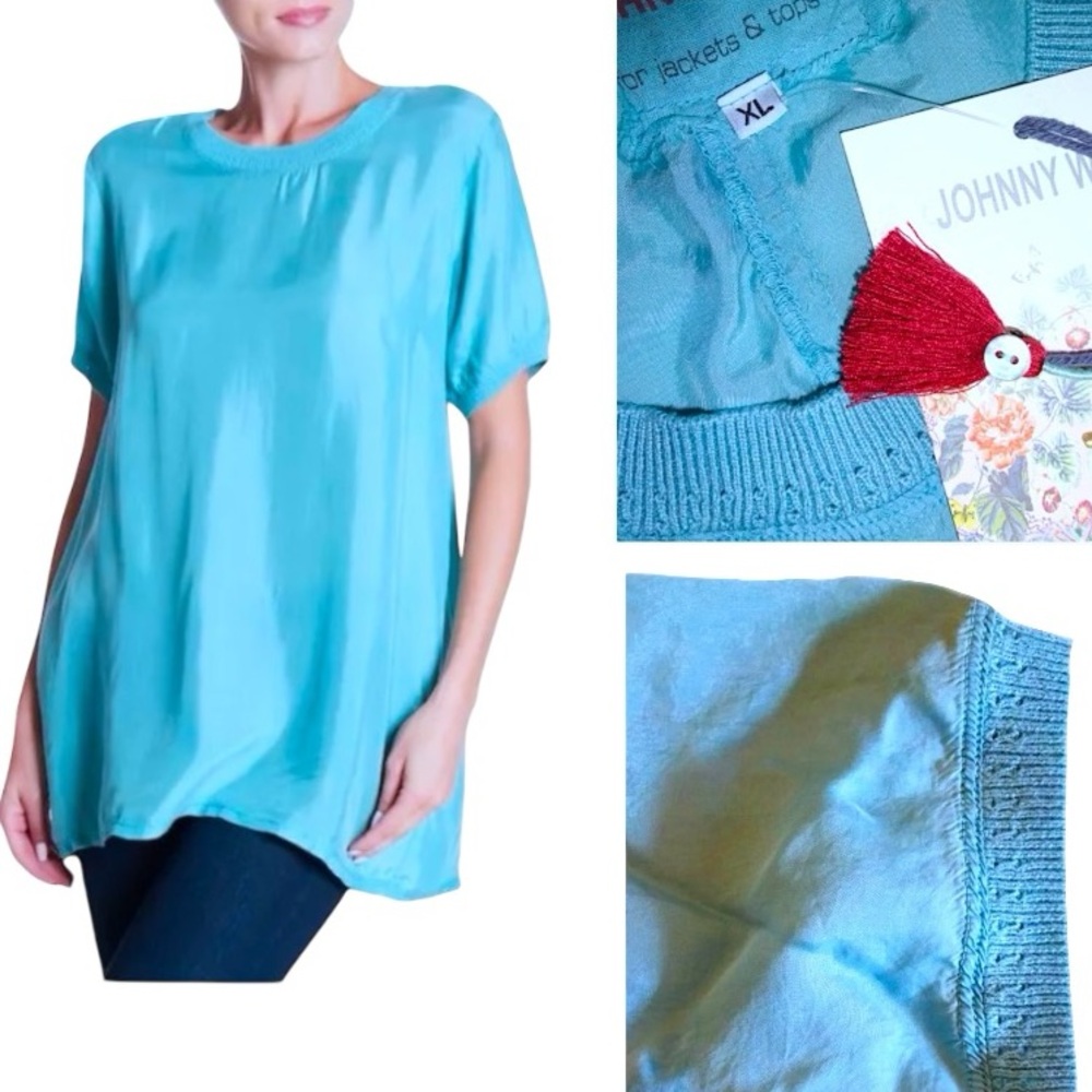 $139 Johnny Was Vintage Top X Large Knit Trim on Neck +Sleeves Blue Cerulean NWT